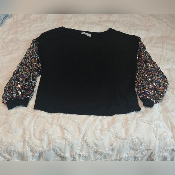Vine & Love Women's Black Sequin Sleeve Top, Size L (1205) - Picture 2 of 7
